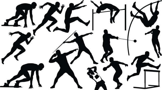 Silhouetted Athletes Performing Track And Field Events Black On White