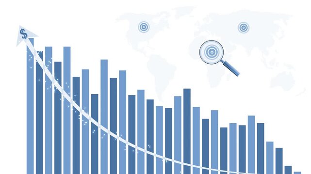 Global decline bar chart with trend line animation, Monochrome bar chart with declining trend line and world map background