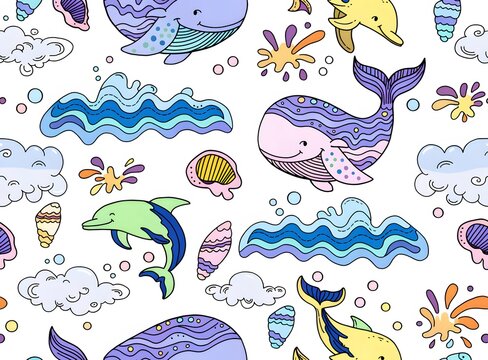 Cute Ocean Cartoon Seamless Pattern Featuring Whales Dolphins and Sea Waves