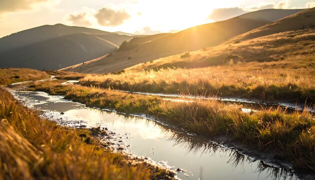 A serene landscape with a winding stream at sunset