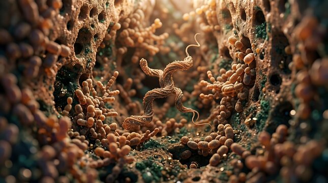 3D Microscopic Spiral Bacteria Inside Cellular Tunnel