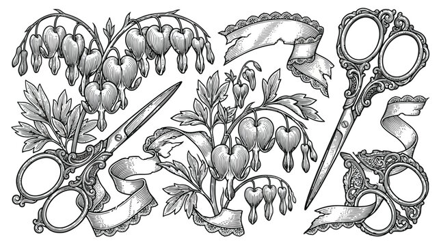 Vintage botanical pruning shears line art vector illustration.