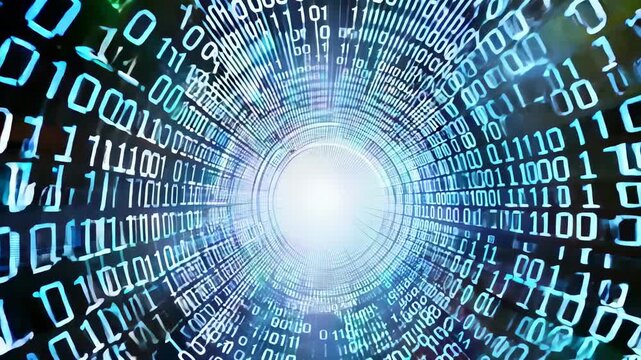 Digital tunnel of binary code with glowing light at the center, showcasing a continuous flow of data in a futuristic, abstract environment