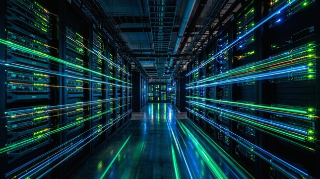 Modern data center server room with high speed fiber optic light streams across racks.