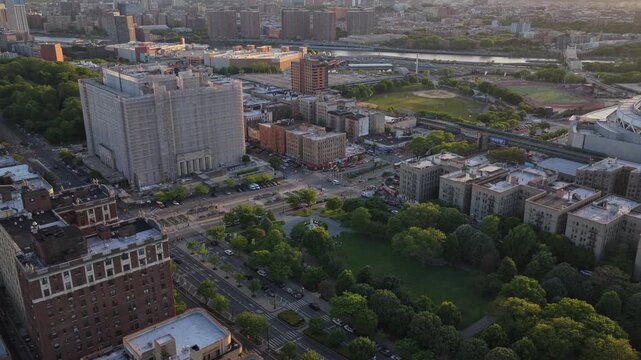 Grand Concourse historic district aerial filming of Franz Sigel Park, Bronx County Courthouse and Yankee Stadium from Mott Haven in the South Bronx, New York City