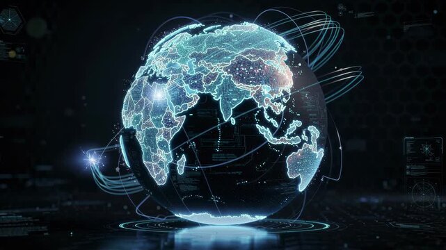 Futuristic digital globe with glowing map lines and data visualization in dark technology background
