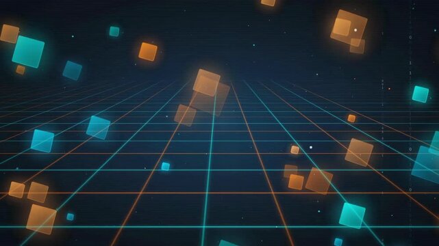 Abstract futuristic digital space with floating glowing cubes and a blue neon grid landscape