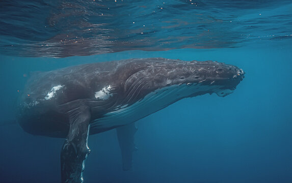 Underwater side view of a humpback whale swimming close to the w
