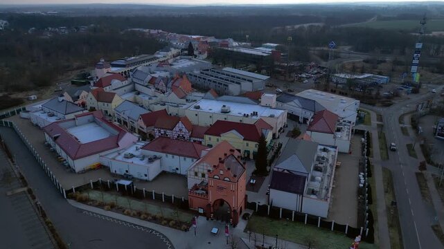 large shopping village outlet center complex, winter. Magic aerial view drone
