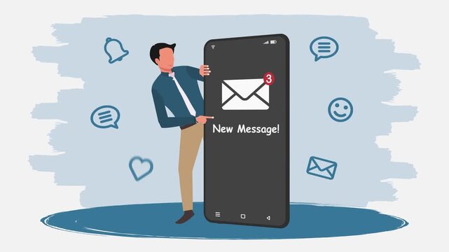 A businessman pointing to a smartphone screen with a new message notification