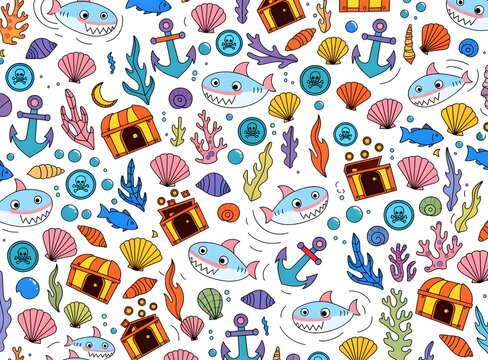 Ocean Cartoon Seamless Pattern Featuring Cute Sharks Treasure Chests and Anchors