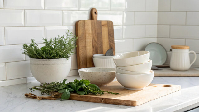 Kitchen Counter with Bowls and Fresh Herbs