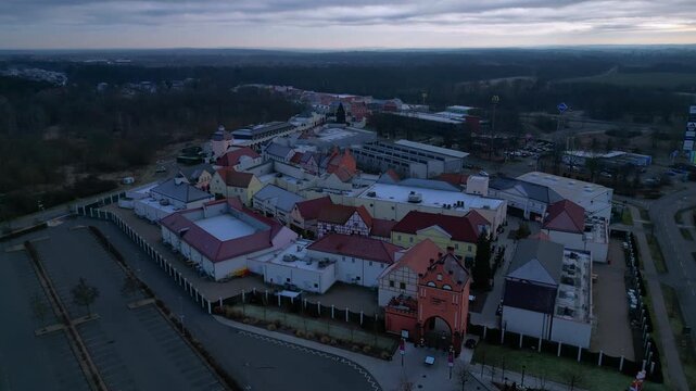 large shopping village outlet center complex, winter. Nice aerial view drone