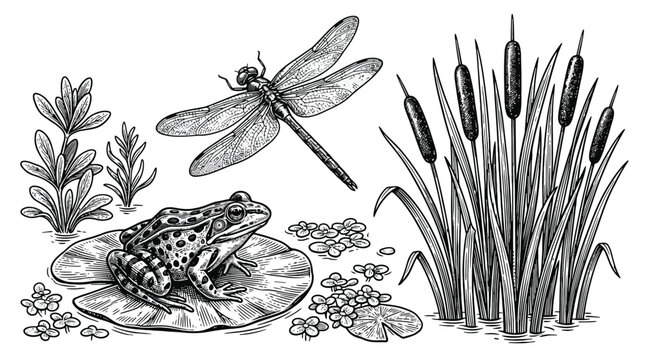 Vintage line art frog pond with dragonfly and reeds.