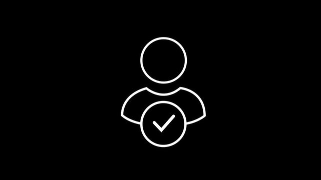 Minimal line vector animation of a verified user profile with a tick check-mark indicating successful account registration, premium subscriber authentication, secure KYC identity verification,