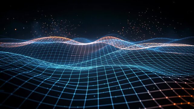 Abstract digital wave grid with glowing blue and orange lines representing futuristic technology and data flow