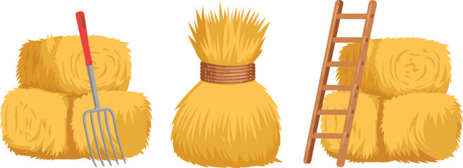 Hay bale collection with pitchfork ladder and straw bundle, farm agriculture vector illustration set © MdNurjamal