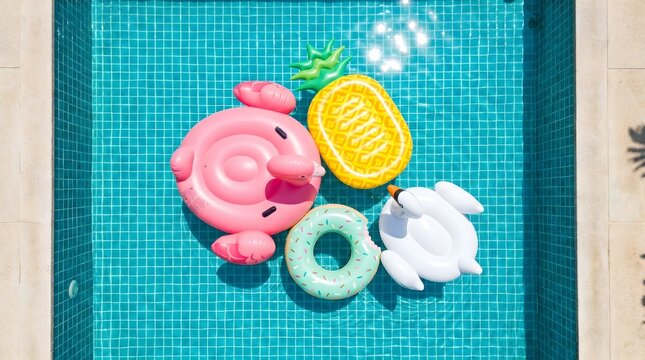 Top down aerial view of colorful inflatable floats in a crystal clear blue swimming pool. Pink flamingo, pineapple, swan, and donut ring. Perfect summer vacation and pool party background concept