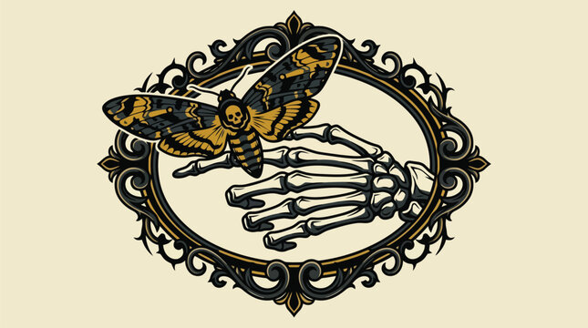 Vintage ornate emblem with raven and skeleton hands vector illustration.