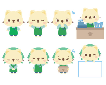 エプロン姿の猫店員のイラストセット　働く　動物