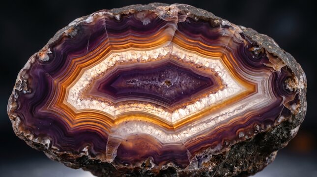 Stunning natural agate gemstone cross section with vibrant purple and gold banding lines.