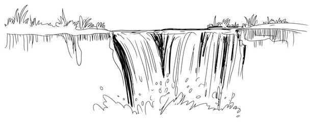 Waterfall cliff scene, black and white sketch illustration, cascading water landscape drawing with rocky natural environment. © AYAT 01