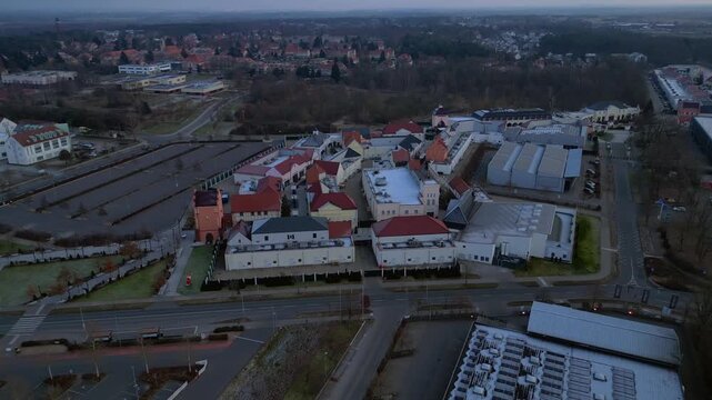 large shopping village outlet center complex, winter. Majestic aerial view drone