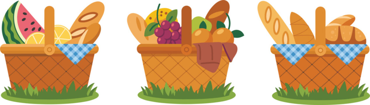 Picnic basket collection with fruits bread pastries, outdoor summer food hamper vector illustration set