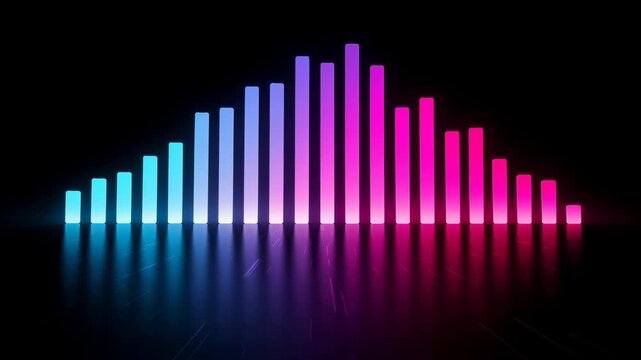 Colorful glowing sound equalizer bars on black background with reflection for music audio visualization