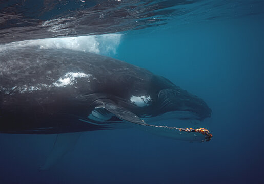 Humpback whale swimming underwater with sunlight filtering throu