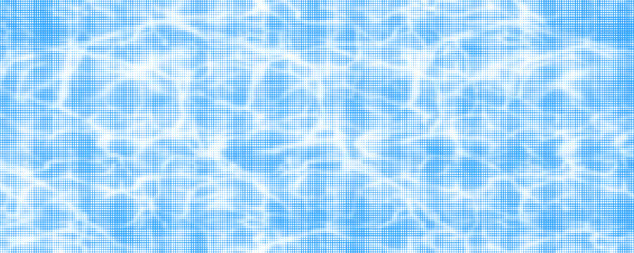 Blue halftone water surface with ripple waves and sunlight reflection. Ocean, sea or pool water top view with dot retro photocopy and comic bitmap texture. Halftone summer backdrop. Collage vector bg