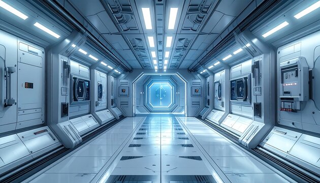 Futuristic Sci-Fi Spaceship Corridor with Blue Neon Lights.