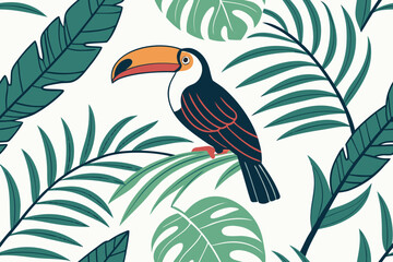 Obraz premium Colorful toucan perched on a leafy branch surrounded by lush green tropical leaves on white background in a vibrant vector illustration design