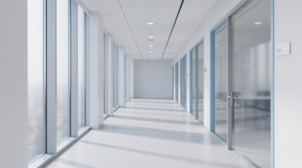 Fototapeta premium A bright, modern office corridor with large windows and multiple glass doors, featuring a clean minimalist design and ample natural light.