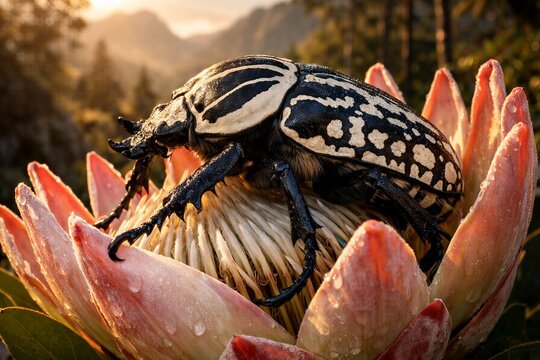 Macro photograph of a Goliath Beetle with black and white elytra on a sturdy King Protea. Golden hour lighting highlighting the shell texture in a primeval mountain forest