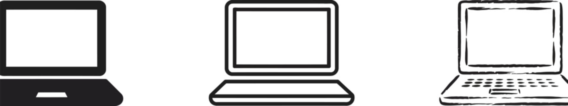 Laptop computer icons in solid, line, and hand drawn sketch styles for technology and office design.