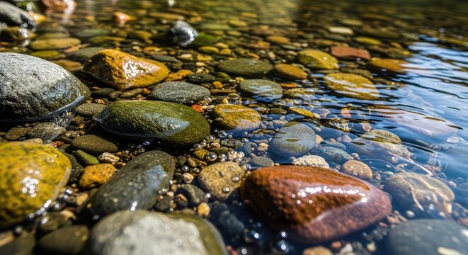 Close-up of colorful wet river rocks and clear flowing water.
