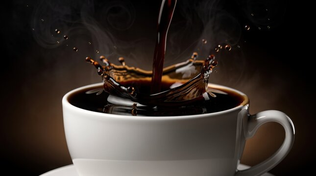 A rich, dark coffee is poured into a white cup, creating a splash with steam rising against a dark background.