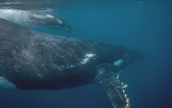 Close-up underwater view of a humpback whale and calf swimming n