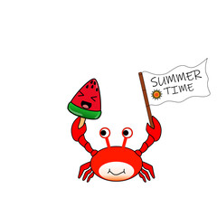 Cute cartoon crab holding watermelon ice cream and summer time flag on white background. © iir
