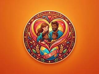 Obraz premium Diverse family portrait inside a heart shape with earth illustration