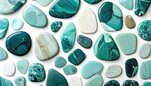 Collection of Polished Green and White Gemstones and Minerals.