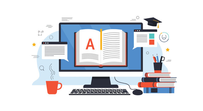 Concept of online learning featuring a computer monitor with an open book, coffee, graduation cap, and stacks of textbooks for study.