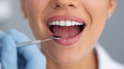 Fototapeta premium Female dentist examining patient's mouth with dental mirror and explorer tool, showcasing healthy teeth and gums in a clinical dental office environment