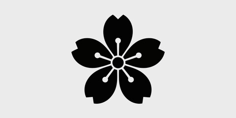 Fototapeta premium Black Silhouette of a Single Cherry Blossom Flower with Five Petals and Stamens on a Light Gray Background