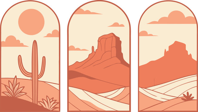 Three panel desert landscape illustration with cacti landscape illustration southwest background