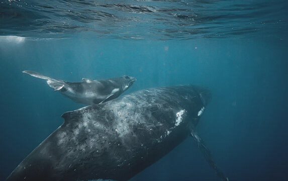 Mother and calf humpback whales swimming together beneath the oc