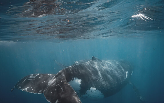Majestic Humpback Whale Gliding Underwater with Sun Rays Filteri