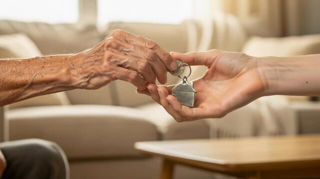 Close up of elderly person handing house key to young adult in cozy home interior