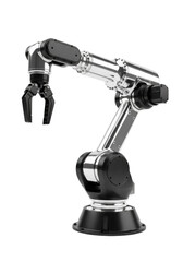 Naklejka premium detailed seven-axis industrial robotic arm, mirror chrome finish contrasting matte black carbon fiber gripper, isolated on a transparent background, extending joints mid-pose. Concept of futuristic
